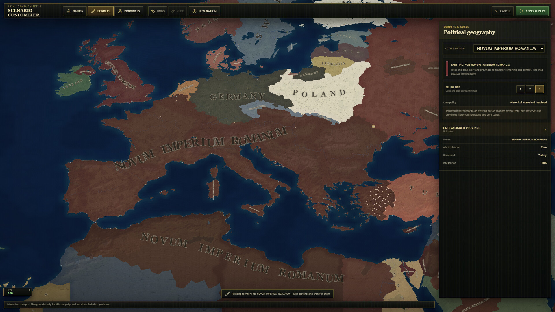 Scenario customizer showing an alternate political map