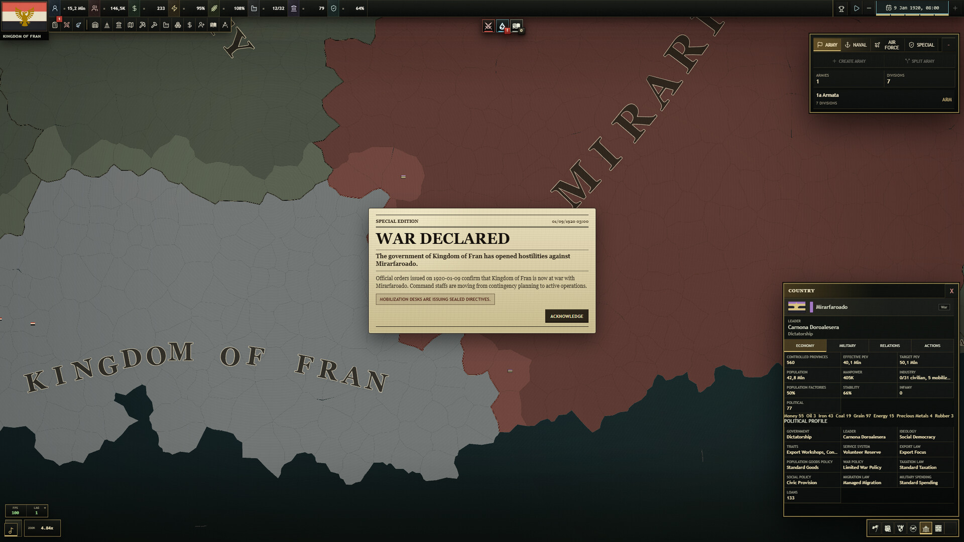 Declaration of war during a campaign